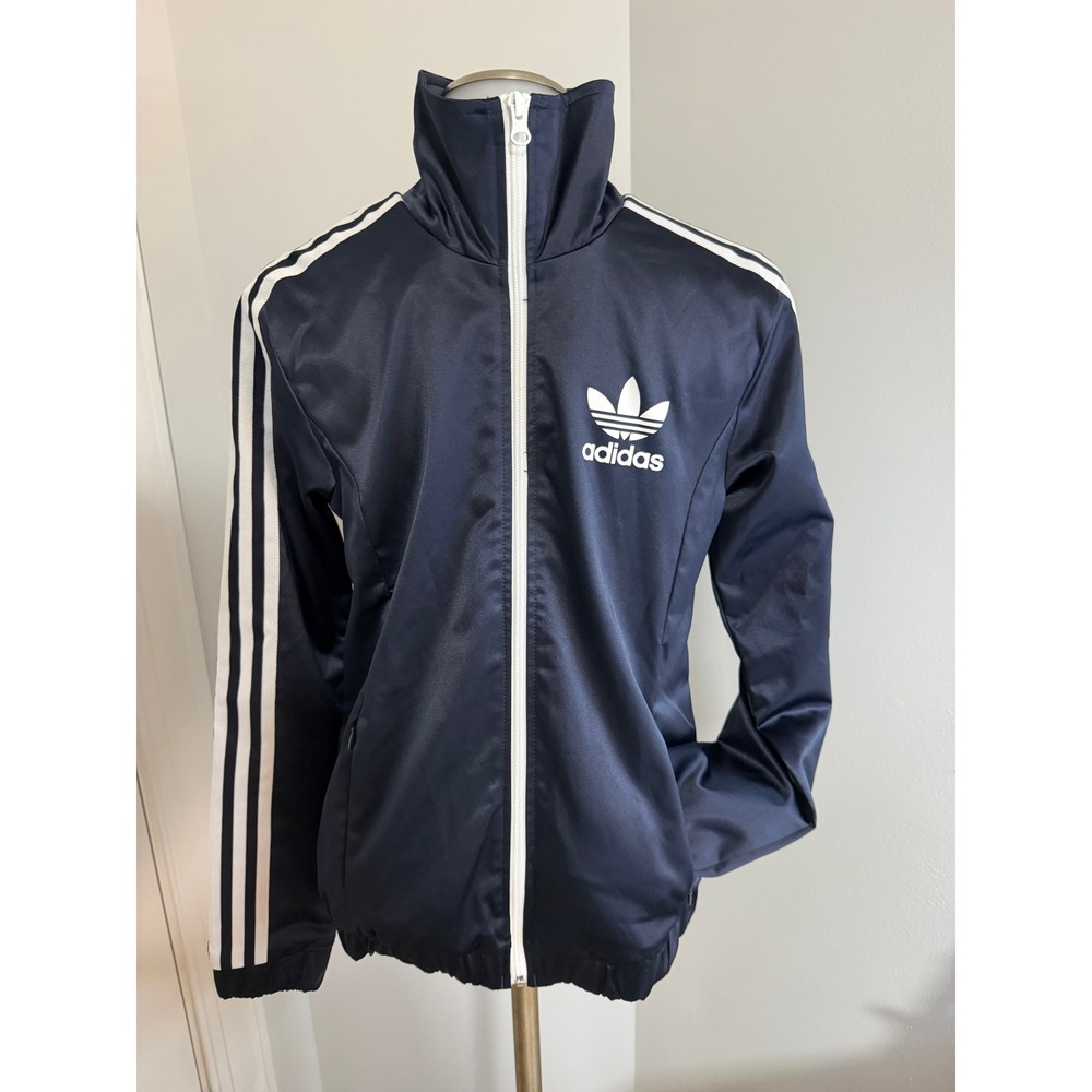 Adidas Originals Navy Blue Satin Track Jacket Trefoil 3-Stripe Full Zip Medium